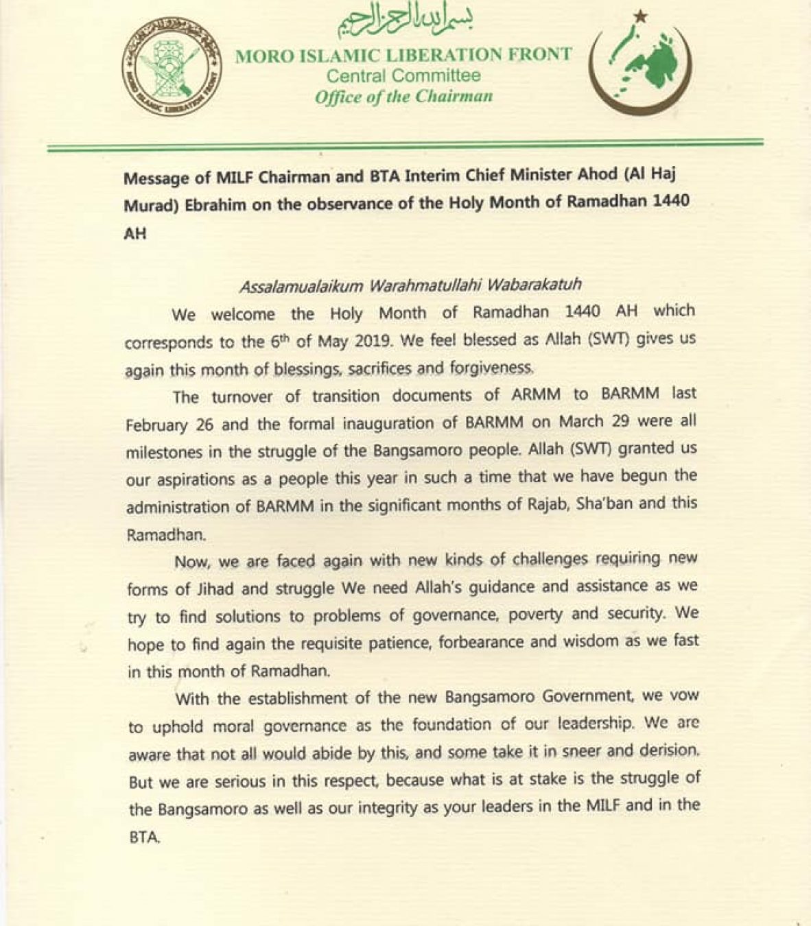 Message of MILF Chairman and BTA Interim Chief Minister Ahod (Al Haj Murad) Ebrahim on the observance of the Holy Month of Ramadhan 1440AH p1