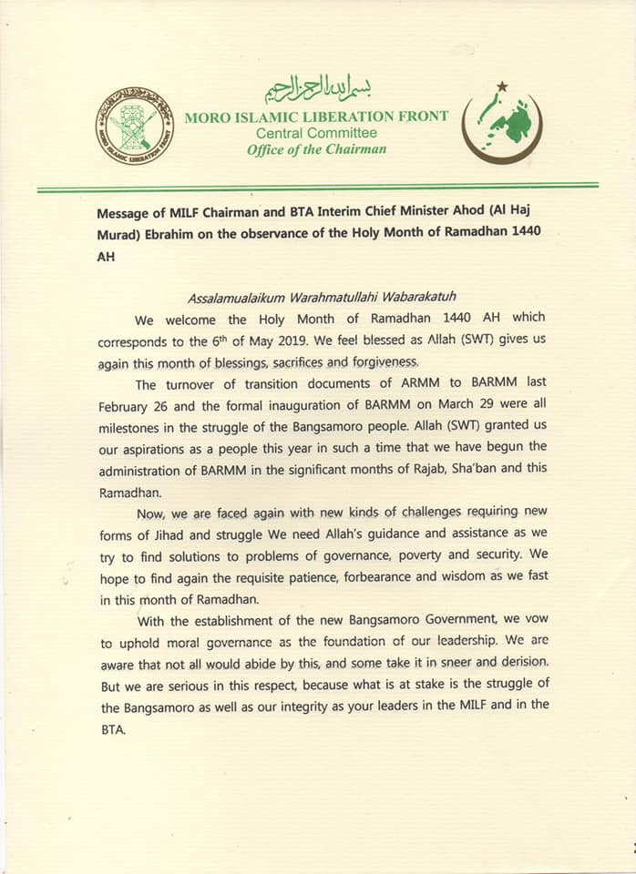 Message Of MILF Chairman And BTA Interim Chief Minister Ahod (Al Haj ...